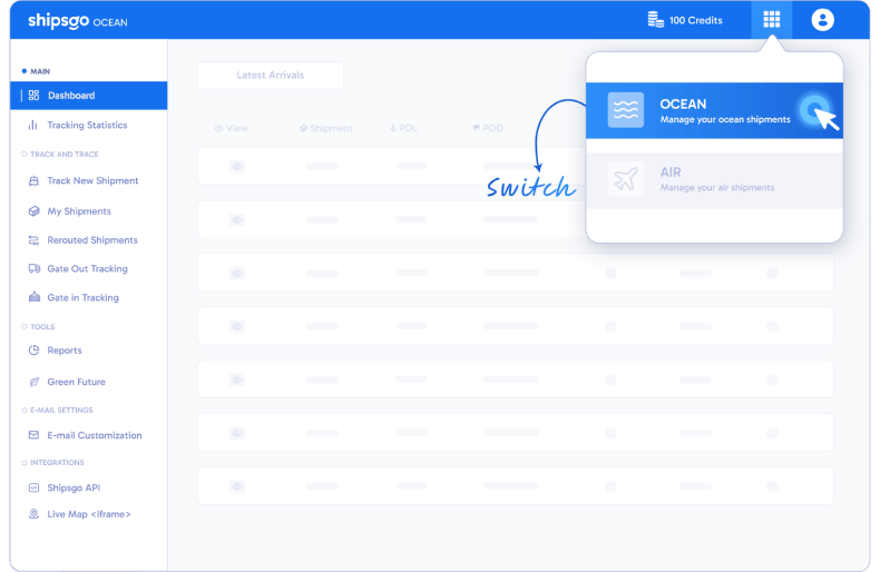 Shipsgo easy-to-use dashboard for both air cargo and ocean shipment tracking
